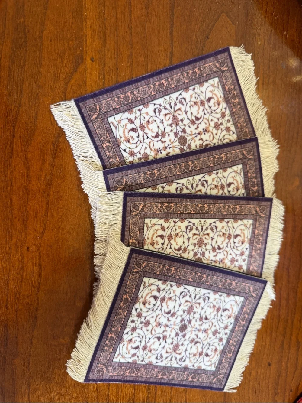 A Decorative Fringe rave Coasters in Cream and Brown - Set of 4- water glass siz